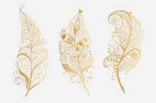 Set Of Golden Vector Design Feathers