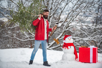 Canvas Print - Bearded man with snowman is carrying Christmas tree in the wood. A handsome young man with snow man carries a Christmas tree. Snowman with gift.