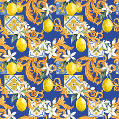 Wall Mural - Watercolor lemon seamless pattern