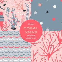 Underwater Coral Merry Christmas Concept Seamless Vector Pattern Set In Decorative Scandinavian Style. Octopus In Winter Hat With Decoration Garland Fish With Candy Seaweed Coral Starfish Decorative