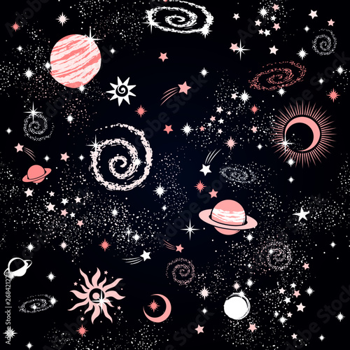 Cotton fabric Space Galaxy constellation seamless pattern print could be used for textile, zodiac star yoga mat, phone case