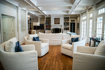 Wall Mural - Large Living Room Den in Home with Vaulted Tray Ceiling and bookshelves