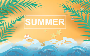 illustration of Beautiful summer beach poster background. Creative design paper cut and craft style. Summertime sea wave for card and banner.minimal pastel color.Holiday .tropical.vector. EPS10