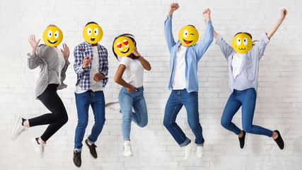 Friends faces covered with emoticons on white background