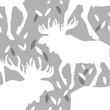 Seamless pattern with moose vintage style. An adult elk with large antlers. Plant leaves.
