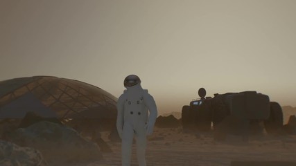 Wall Mural - astronaut walking on the surface of a mars like planet walks towards camera as camera cranes up with