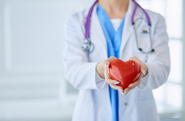 Doctor with stethoscope holding heart, isolated on white background