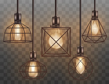 Glass Light Bulb In Wire Cage Interior Set Of 3d Vectors Isolated On Transparent.