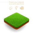 Square plot of land with a dense green grass and a brown cut of soil. 3d realistic vector piece of landscape. Trimmed lawn floats above a white background. Isometric natural location for any objects