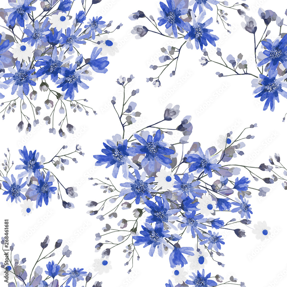 Seamless pattern with leaves and blue flowers. Floral design on a white ...