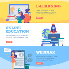 Wall Mural - online education banners. webinar web school conference e learning distance courses vector flat pict