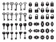 Keys and keyhole. Logo collection of modern and retro house keys secret gate padlock vector badges. Illustration of padlock and key, keyhole silhouette security