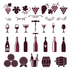 Wall Mural - Wine symbols. Grape leaves vine tendrils bottles barrels corkscrew vector stylized pictures for labels or logo design. Illustration of drink and corkscrew, wine bottle and grape