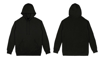 Wall Mural - Black pullover hoodie front and back view isolated on white background. 
