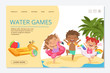 © ONYXprj - Kids water games vector landing page template. Happy summer kids characters. Illustration of water game on sand beach, kids boy and girl