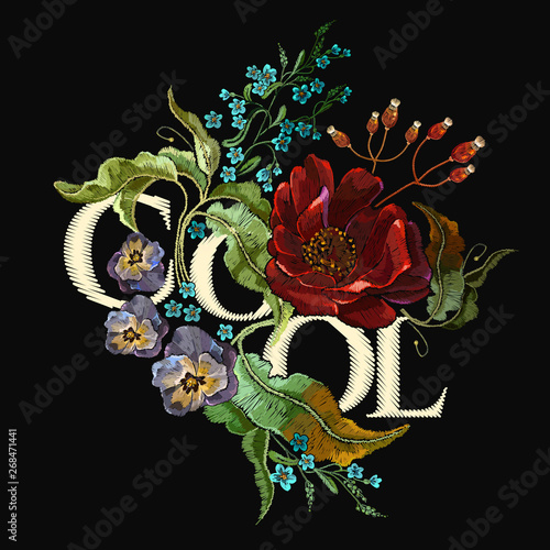 Embroidery Red Roses And Violet Flowers Beautiful Bouquet Cool