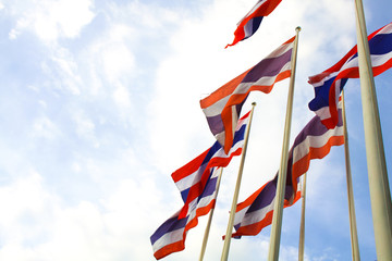 Waving flag of Thailand. Group of flag poles. Flags blowing upright in the wind.  Flag poles with sky space for text. Concept for nation and country.