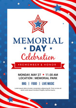 Memorial Day Poster Templates Vector Illustration, USA Flag With Blue Star Frame. Flyer Design