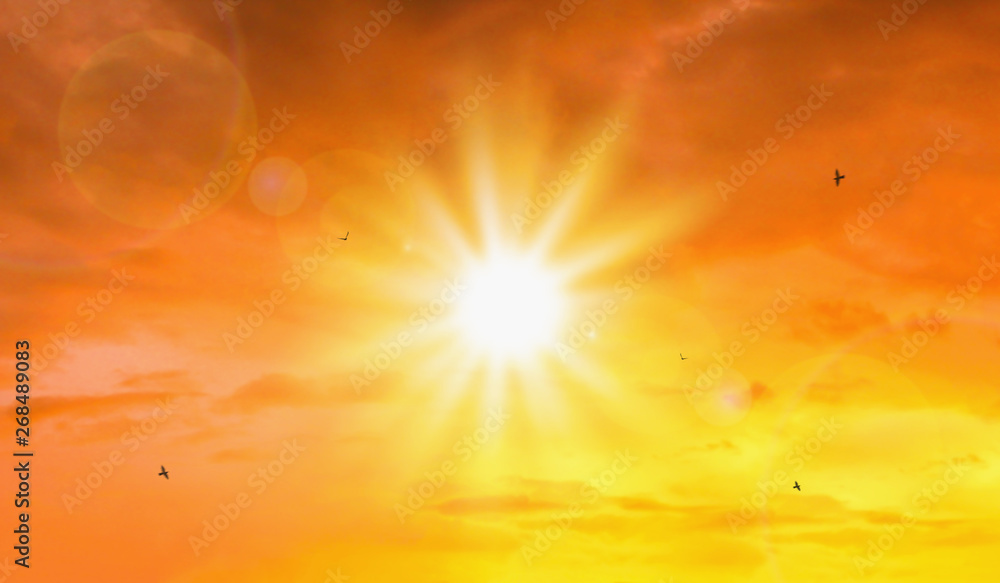Heat wave of extreme sun and sky background. Hot weather with global warming concept. Temperature of Summer season. - obrazy, fototapety, plakaty 