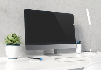 Modern black and silver computer on white desktop concrete interior mockup 3D rendering