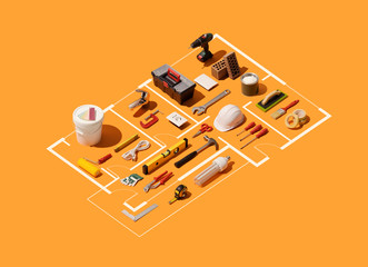 Wall Mural - Isometric house plan project with work tools