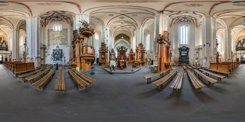 Wall Mural - Full spherical seamless hdri panorama 360 degrees angle inside interior of old gothic catholic church of bernardin in equirectangular projection, VR AR content