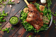 © grinchh - Roast Lamb leg with mint sauce, rosemary and garlic. on black plate, wooden table