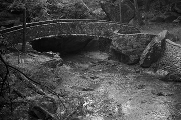 Bridge over a stream in black and white