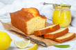 Homemade pound cake with lemon and jam. Traditional treat for tea. Citrus loaf cake. Selective focus