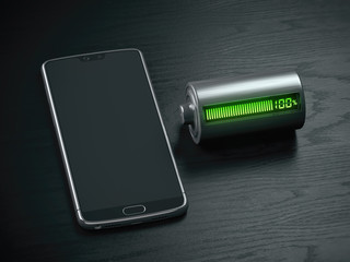 Leinwandbilder - Charging of a mobile phone battery concept.  Smartphone and battery charge indicator on black wooden table.