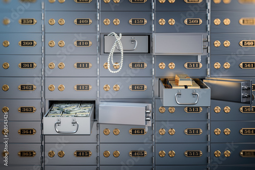 Fotomural Open safe deposit box with money, jewels and golden ingots