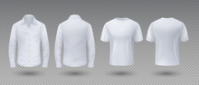 Realistic T-shirt And Shirt. White Mockup Isolated Template, 3D Blank Male Uniform Clothing, Front And Back View. Vector Sport Wear For Man With Long Sleeve