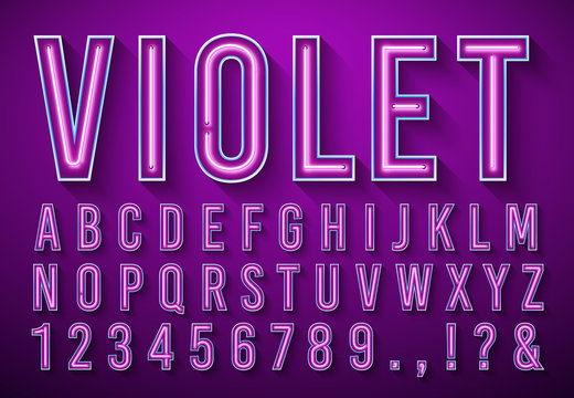 Bright neon letters. Violet glowing font, light box alphabet and neons lights lettering with shadow 3d vector illustration set