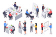Isometric business office team. Corporate teamwork meeting, employee workplace and people work 3D vector illustration set