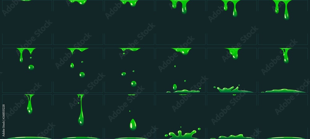 Dripping green slime animation. Cartoon animated toxic waste liquid. Acid or poison drip drop fx sprite vector illustration - obrazy, fototapety, plakaty 