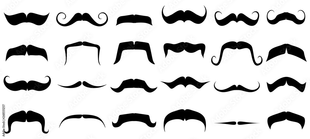 Moustache silhouette. Vintage mustache, funny fake mustaches mask and retro curly moustaches isolated vector set - obrazy, fototapety, plakaty 