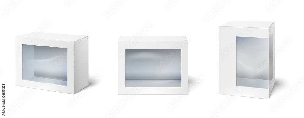 Box with window. Showcase packaging boxes, windows on cardboard package and empty white packages mockup 3d isolated vector set - obrazy, fototapety, plakaty 