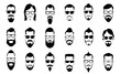 © Tartila - Male moustache, beard and haircut. Vintage moustaches silhouettes, man hairstyle and guy face portrait vector silhouette icons set