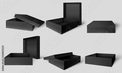 Download Black Packaging Box Open And Closed Dark Boxes Cardboard Package Mockup Template Vector Illustration Set Buy This Stock Vector And Explore Similar Vectors At Adobe Stock Adobe Stock PSD Mockup Templates