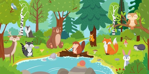 cartoon forest animals. wild bear, funny squirrel and cute birds on forests trees kids vector backgr