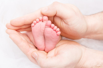 feet of newborn baby, mother holding new born kid legs in hand