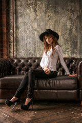 Wall Mural - portrait of fashion woman in hat , beautiful stylish