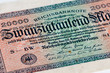Twenty thousand mark (20,000 marks) bank note from the German Reichsbank, July 1923, as a result of hyperinflation