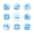 © Jane Kelly - Hotel vector line icons set. Booking, room reservation, bed, shower, hotel amenities outline symbols. Modern simple stroke graphic elements. Round icons