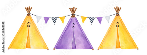 Cuadros en Lienzo Set of little tipi tents, decorated with triangle pennant flags string