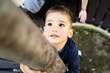 © Miljan Živković - High angle view on small boy holding a tree by the bench at city square want to climb