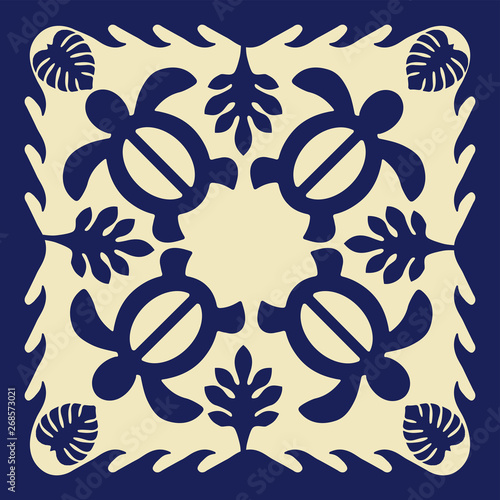 ハワイアンキルトのパターン 青 自然 亀 波 背景イラスト