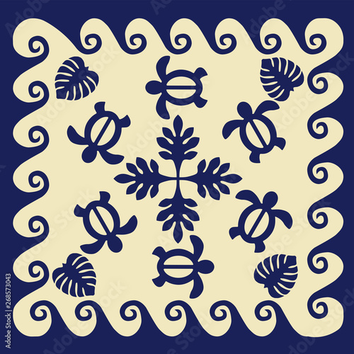 ハワイアンキルトのパターン 青 自然 モンステラ 波 亀 背景