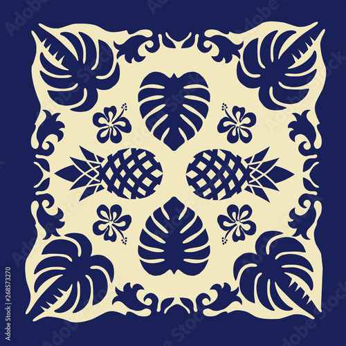 ハワイアンキルトのパターン 青 自然 リーフ 椰子の木 パイナップル 背景イラスト テクスチャ 夏のイメージ ベクターデータ Hawaiian Quilt Background Stock Vector Adobe Stock