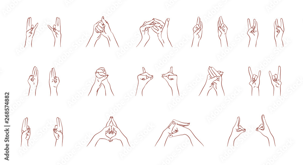 vector mudras hands color isolated line fingers - obrazy, fototapety, plakaty 